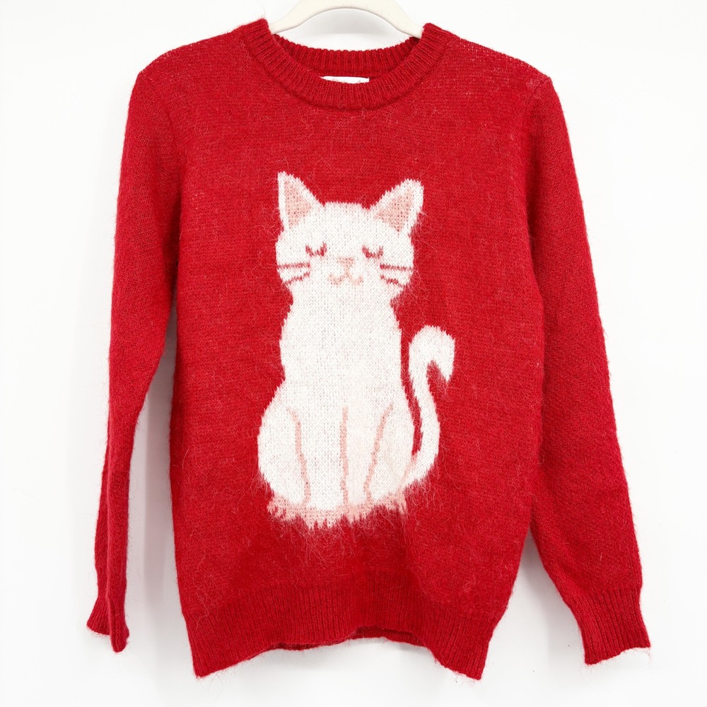 OXKNIT Womens Red Fuzzy Wool Blend White Cat Graphic Kawaii Knit Sweater Size S